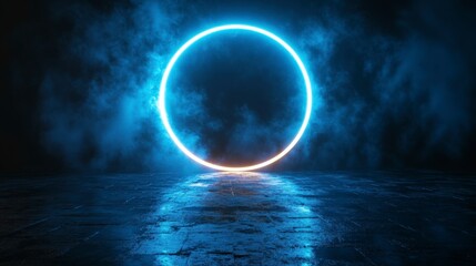 Poster - A glowing neon circle surrounded by mist reflects on a wet surface, creating a mystical and futuristic atmosphere.