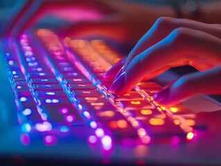 Aufkleber - Typing on a Glowing Keyboard: Hands Illuminated by Vibrant RGB Lighting, A Digital Era of Creativity and Connection