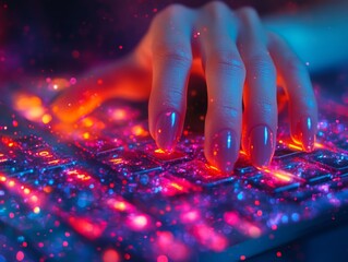 Poster - Typing on a Neon Keyboard: A Hand Presses Keys on a Vibrant, Illuminated Keyboard in a Futuristic, High-Tech Setting with a Glowing and Colorful Ambiance
