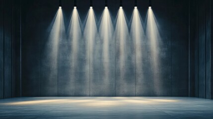 Poster - Empty industrial space illuminated by five overhead lights, creating a dramatic ambiance with concrete walls and a polished floor.