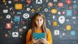 © QITIAN - Young girl of mixed ethnicity holding a tablet in front of a colorful social media backdrop.