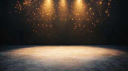 Poster - Dramatic stage lighting with shimmering particles creating a magical atmosphere in a dark setting.