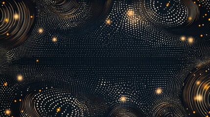 Poster - Abstract dark background with luminous golden dots and swirling patterns, creating a mesmerizing, dynamic visual effect.