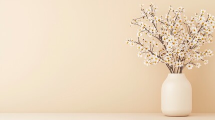 Poster - A minimalist arrangement featuring a white vase with delicate flowers against a soft beige background.