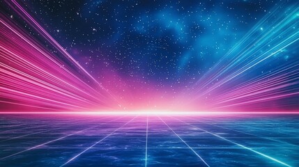 Poster - Vibrant cosmic scene with pink and blue light beams radiating across a starry sky, creating a futuristic digital landscape.
