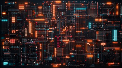 Poster - Futuristic digital circuit board with glowing lines and nodes in vibrant colors on a dark background.