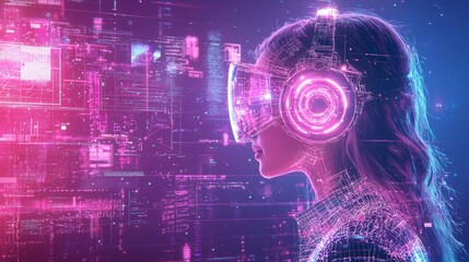 Poster - A futuristic woman wearing VR goggles amidst vibrant digital graphics and data streams, symbolizing advanced technology and virtual experiences.