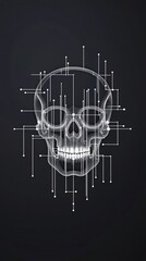 Poster - Digital illustration of a skull with geometric lines and patterns on a dark background, blending art and technology.