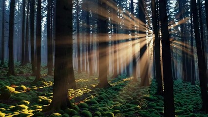 Poster - Sunlight streaming through dense forest with mossy floor and tall trees, tranquil nature scene. Environmental beauty and serenity concept