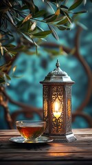 Aufkleber - Celebrating the spirit of Ramadan, this elegant setting showcases a glowing lantern beside a delicate cup of fragrant tea, inviting warmth and togetherness during this sacred month