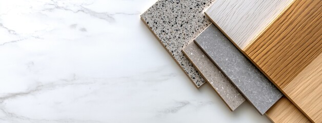 Poster - A collection of various textures such as wood, grey marble, and white terrazzo displayed on a white background for design inspiration