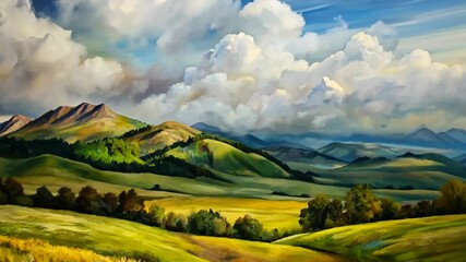 Poster - Majestic landscape unfolds with rolling hills and vibrant clouds over tranquil meadows in a breathtaking display of nature's beauty. Generative AI