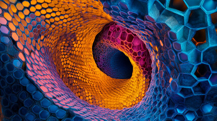 Poster - Colorful abstract hexagonal pattern swirling through a three-dimensional tunnel
