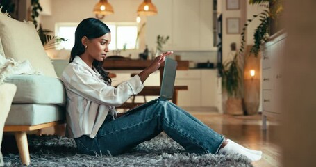 Poster - Remote work from home, pc and woman on floor, online reading and research for project, website info and network. Creativity, person or writer with laptop, email or connection for proposal or typing