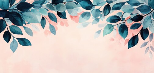Poster - Beautiful watercolor leaves frame a soft, pastel background creating an elegant design.