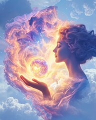 Poster - Celestial creation by a woman dreamlike clouds digital art ethereal atmosphere side view imagination unleashed