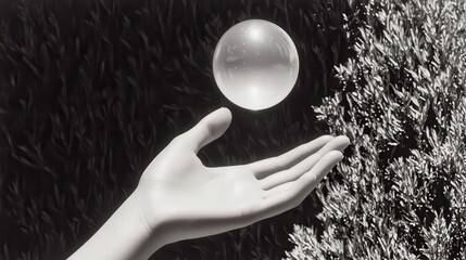 Poster - Captivating moment of a floating crystal sphere outdoor garden artistic serene atmosphere close-up illusion of weightlessness