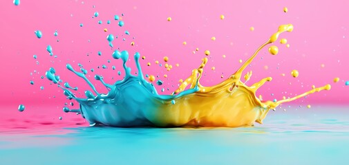 Poster - Colorful splash of blue and yellow paint against a vibrant pink background.