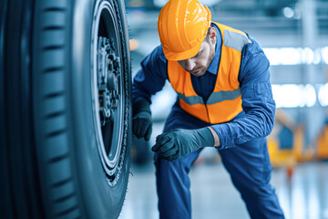 Wall Mural - Inspecting tires automotive maintenance workshop industry close-up view