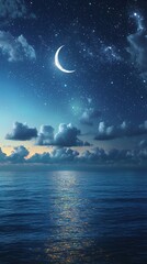 Aufkleber - A beautiful twilight sky showcases a glowing crescent moon surrounded by twinkling stars, reflecting its light onto calm ocean waters as the day transitions into night during Ramadan