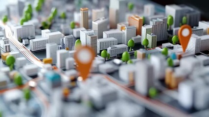Poster - Location pin highlighting destination while rotating over detailed 3d cityscape, revealing streets, buildings, and green spaces with navigational precision