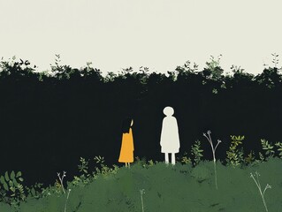 Poster - Exploring friendship in nature forest clearing animated scene tranquil environment side view connection concept