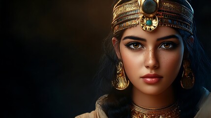 Wall Mural - A young woman with dark hair and eyes, wearing a golden headdress and jewelry, against a dark background.