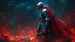 © pete99 - Medieval knight in fiery battle scene, dramatic background