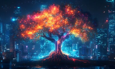 Aufkleber - a digital tree with glowing leaves and roots in a cityscape at night