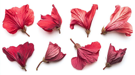 Wall Mural - Set of hibiscus flowers with red petals isolated on white background.