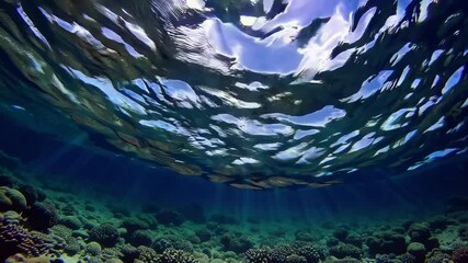 Poster - underwater view of coral reef with sunlight streaming through water surface, marine ecosystem and biodiversity concept