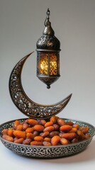 Aufkleber - A beautifully crafted metal lantern hangs above a decorative dish brimming with dates, symbolizing the joy of iftar during Ramadan. This tranquil setup radiates warmth and tradition
