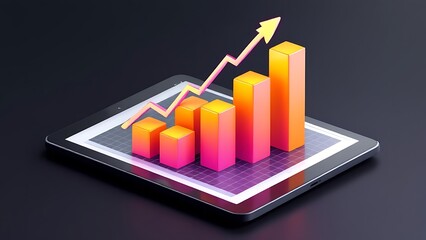 Wall Mural - Business 3d tablet virtual growth arrow financial graph on digital technology strategy background with finance data marketing chart analysis report or success investment diagram economy screen profit.