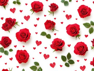 Wall Mural - Red roses and heart pattern on white backdrop, ideal for Valentine's Day or romance use