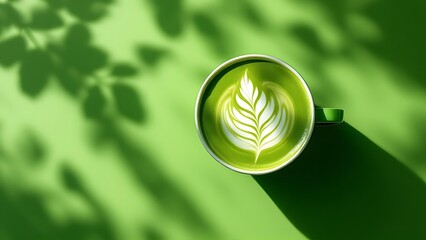 Flat lay cup of bright matcha latte with latte art on a green background in trendy grape green color for 2025