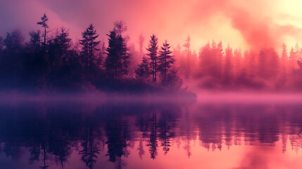 Canvas Print - Misty sunrise over calm lake reflecting pink and purple sky, silhouetted trees.