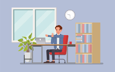 Wall Mural - Man wear dark blue jacket, working from home in a cozy office setting character vector illustration design.