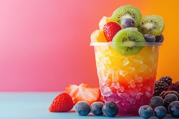 Wall Mural - Colorful fruit flavored shaved ice, delicious summer treat on colorful background