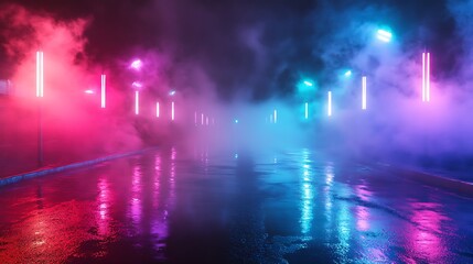 Poster - Neon-lit street at night, reflecting in wet pavement.