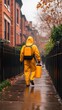 © xbzz - Hazmat worker cleaning up contaminated area urban environment foggy weather rear view safety protocols