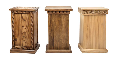 Rustic Wood Podiums with Natural Features, Three Varieties for Stylish Displays, PNG Transparent