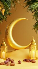 Aufkleber - A golden crescent moon stands elegantly at the center, flanked by beautifully designed lanterns on either side