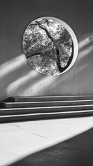 Poster - Architectural Minimalism Concrete Stairway with Circular Window Framing Tree - Modern Design for Urban Spaces and Sustainable Commercial Architecture