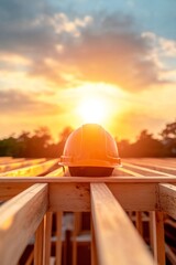 Poster - Sunlit Construction Scene Orange Safety Helmet on Timber Beams - Modern Architecture and Sustainable Building Materials for Urban Development