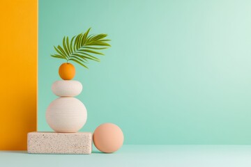 Poster - Pastel Geometric Balance Art Polished Spheres and Cubes for Modern Office Decor and Digital Branding - Evoking Harmony and Playful Abstraction in Design Spaces