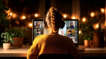 Fototapete - Warm Minimalist Study Space for Indian Female Interactive Virtual Classroom on Laptop with Cozy Lighting - E-Learning and Remote Education Setup for Modern Student Life