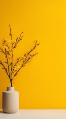 Leinwandbilder - Minimalist Yellow Aesthetic Stone Vase with Vibrant Twig Arrangement - Contemporary Decor Styling for Modern Homes and Creative Visual Branding