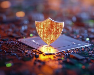 Aufkleber - Futuristic Cybersecurity Interface Digital Shield on Circuit Board with Encrypted Data Streams - Network Defense Visualization for Tech and Digital Security Solutions