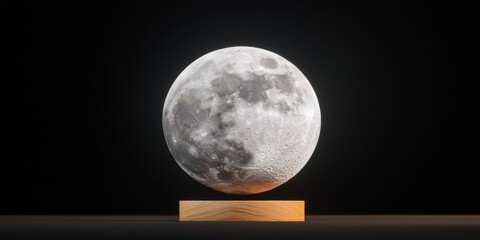 Poster - Illuminated Moon Sculpture on Wooden Stand Contemporary Astro-Decor with Realistic Textures for Modern Interiors and Astronomical Education