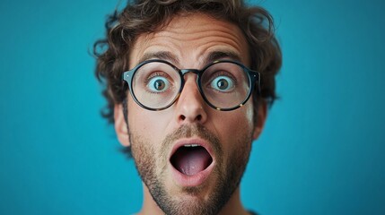 Wall Mural - stylish and professional man in glasses looking astonished with a confident yet surprised reaction in a casual and trendy portrait